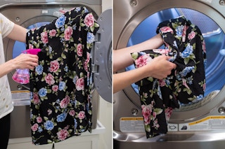 Mist wrinkles on clothes then throw the clothes in the dryer.