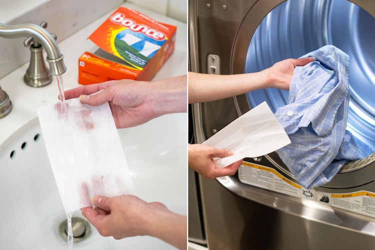 A wet dryer sheet being thrown into a dryer with wrinkled clothes.