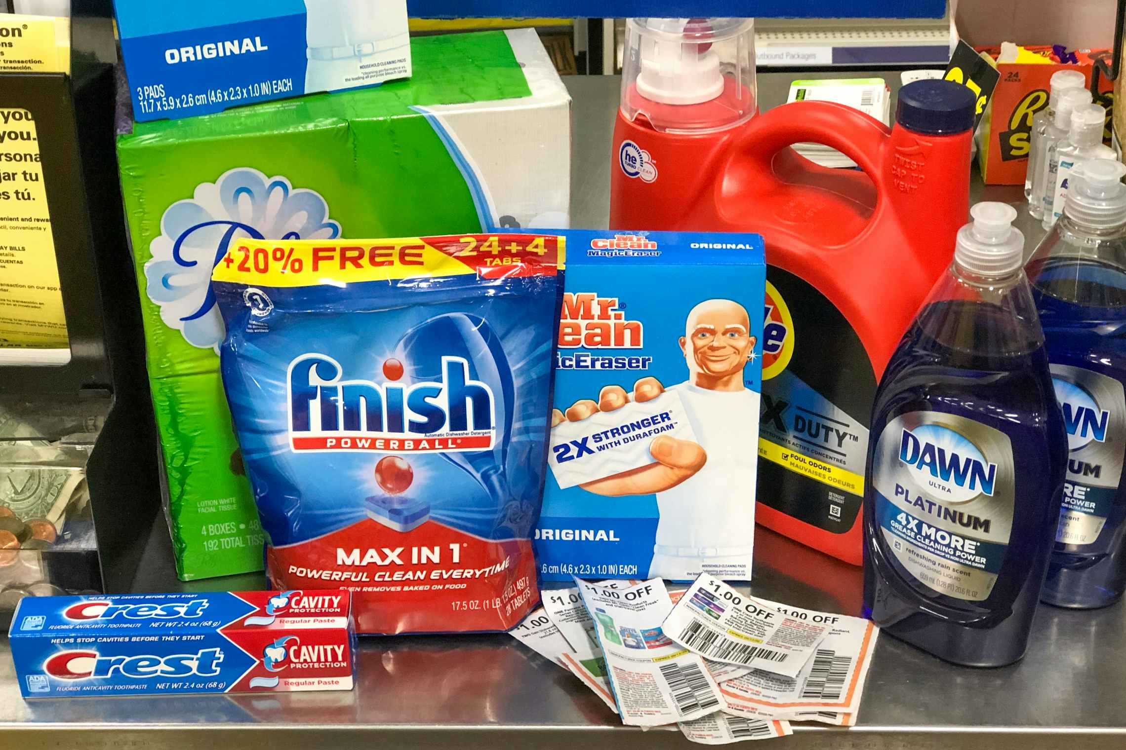 Product sitting on the checkout counter with coupons inside Dollar General