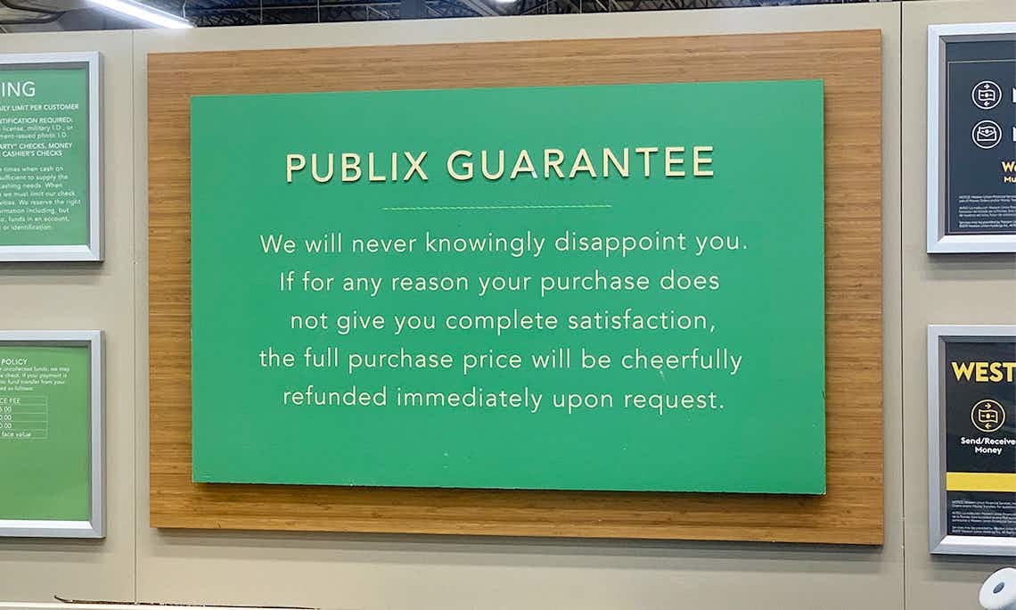The Publix Promise guarantees that any item ringing up above the advertised price will be sold to the customer for free.