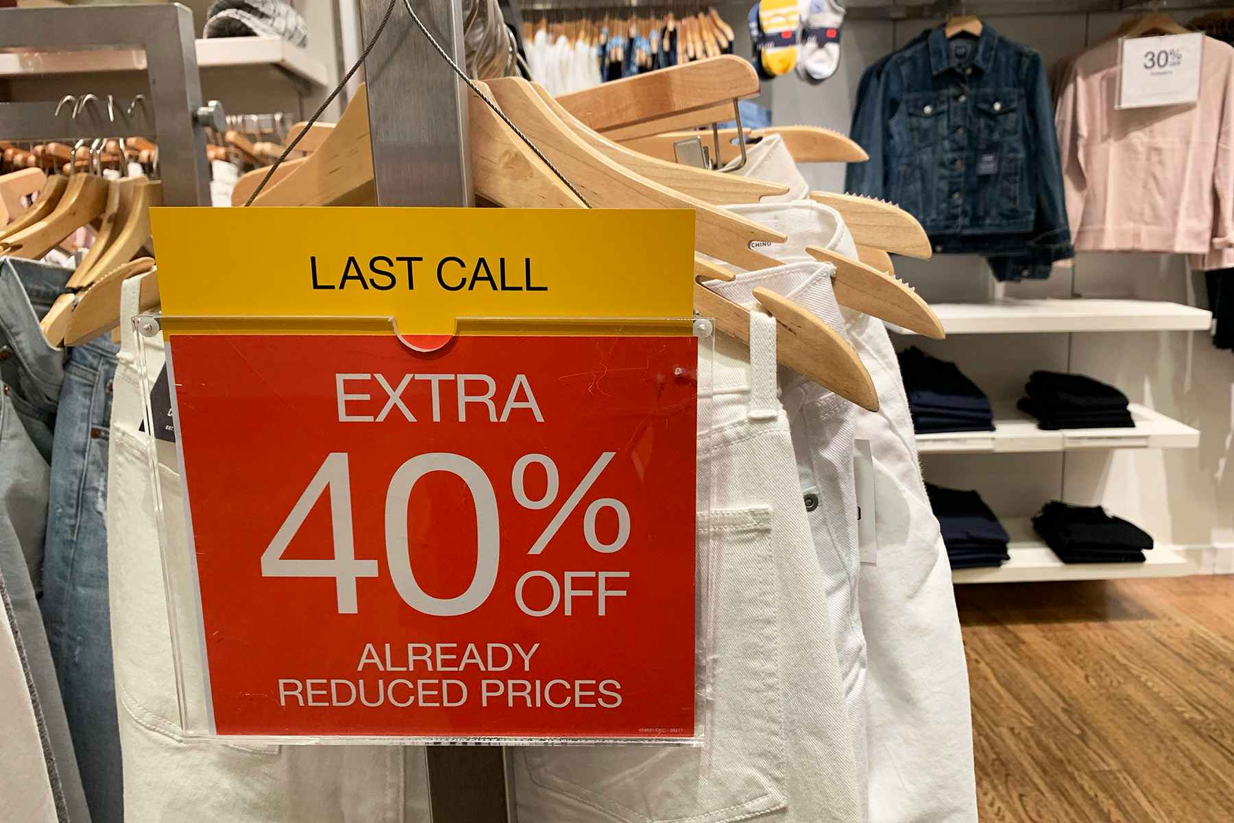 last call clearance sign on a clothing rack at GAP