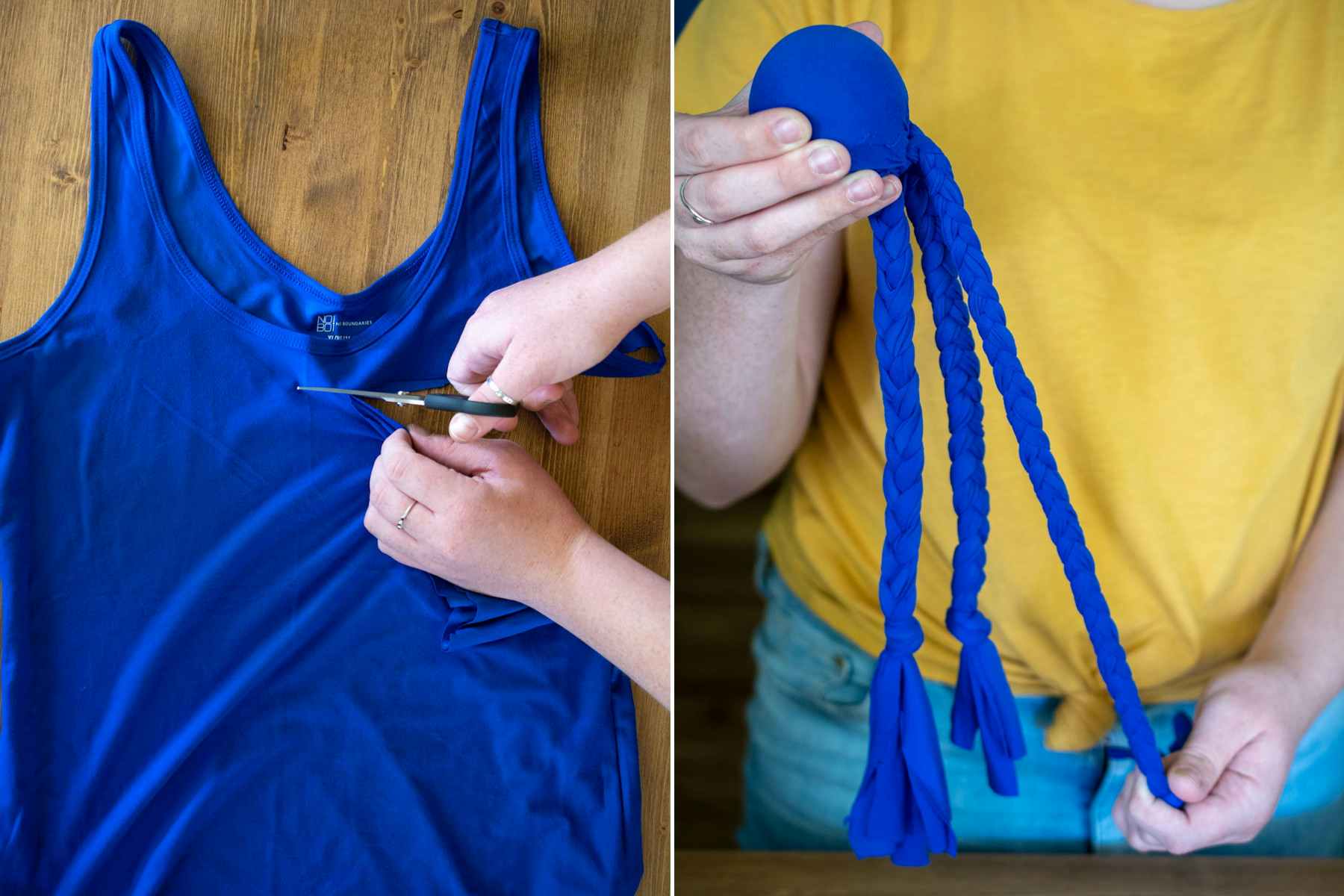Make a dog toy out of a ball and an old t-shirt.