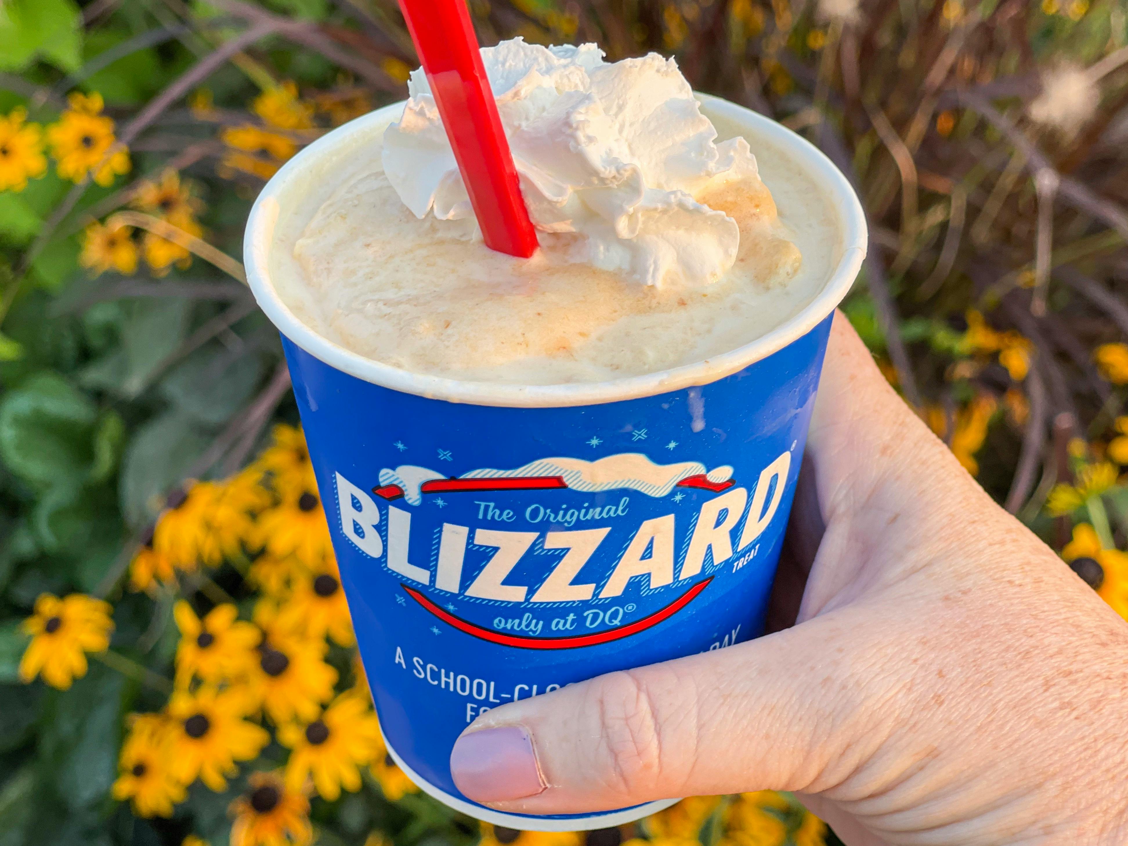 A person's hand holding a Dairy Queen pumpkin pie blizzard in front of some flowers.