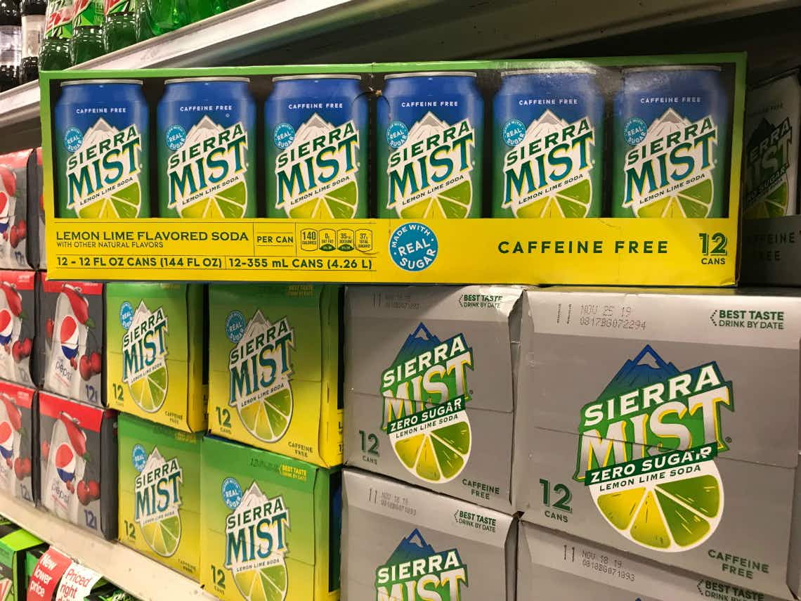 A case of Sierra Mist soda on a shelf