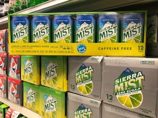 A case of Sierra Mist soda on a shelf