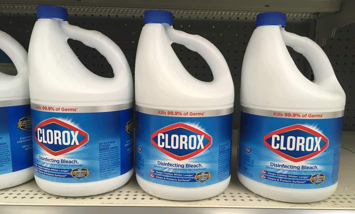 Bottles of Clorox bleach stocked on a shelf at Walmart.
