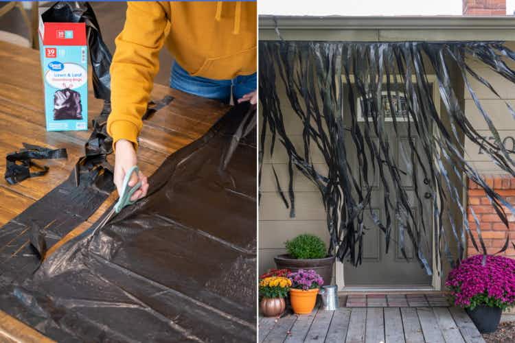 Create spooky decorations by hang cut trash bags over your front porch .