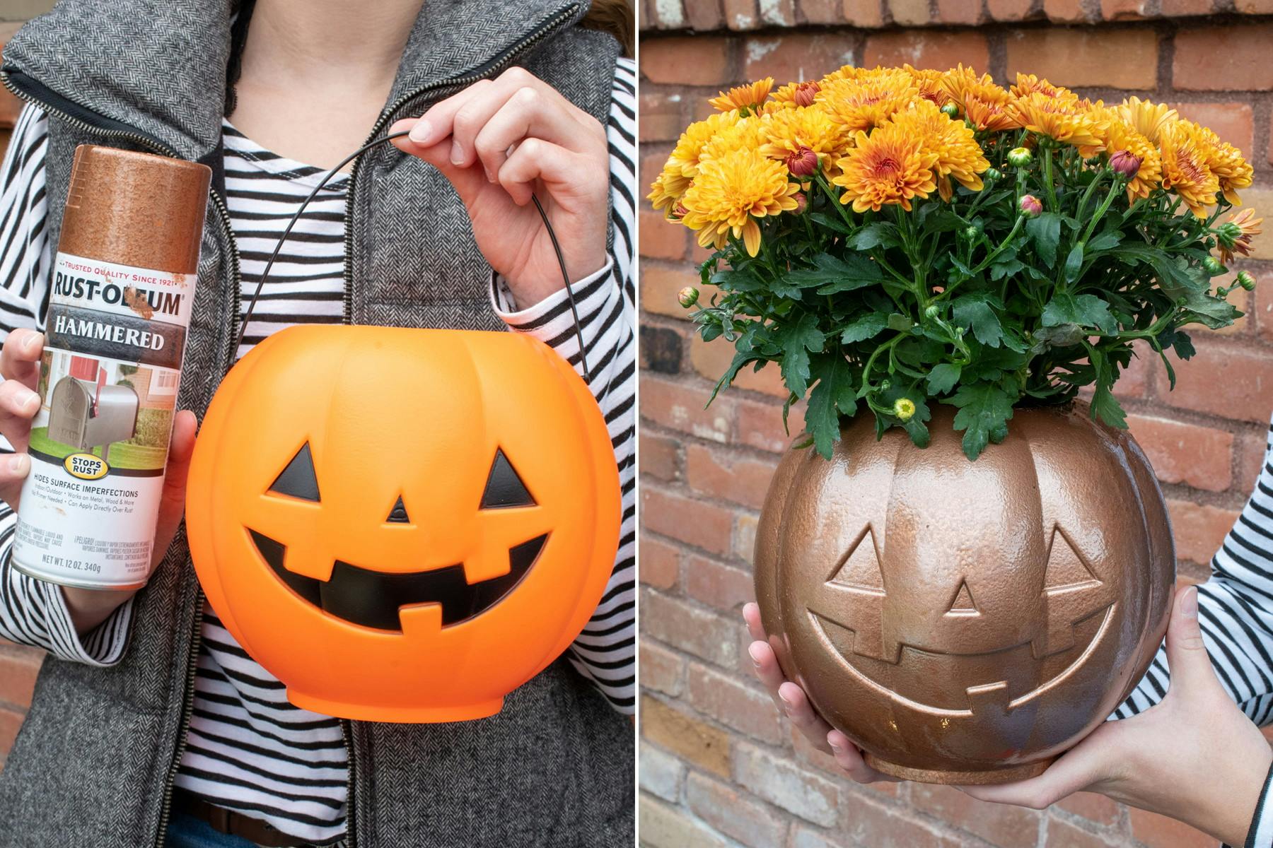 A person holding up a can of copper spray paint and a trick-or-treat pumpkin pail, and the faux copper flower pot finished piece with flowers in it.