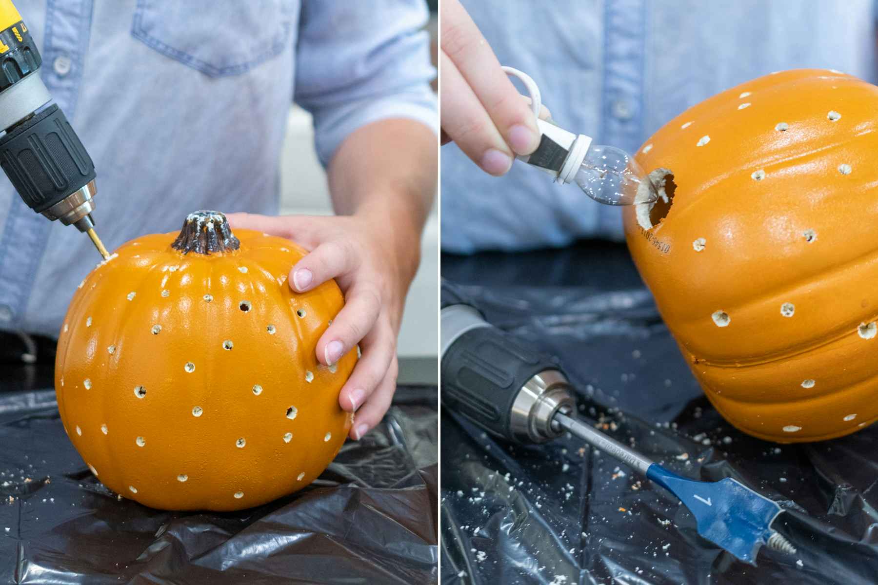 A person using a drill and light cord to turn a faux pumpkin into a lamp.