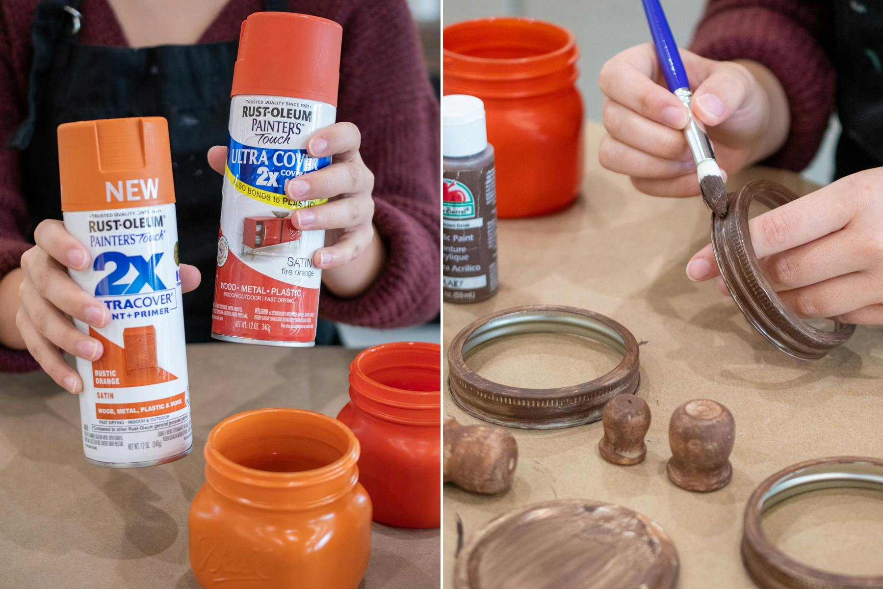 A person holding up two cans of orange spray paint next to some painted mason jars, and someone painting the lids and rims of the mason jars with brown paint.