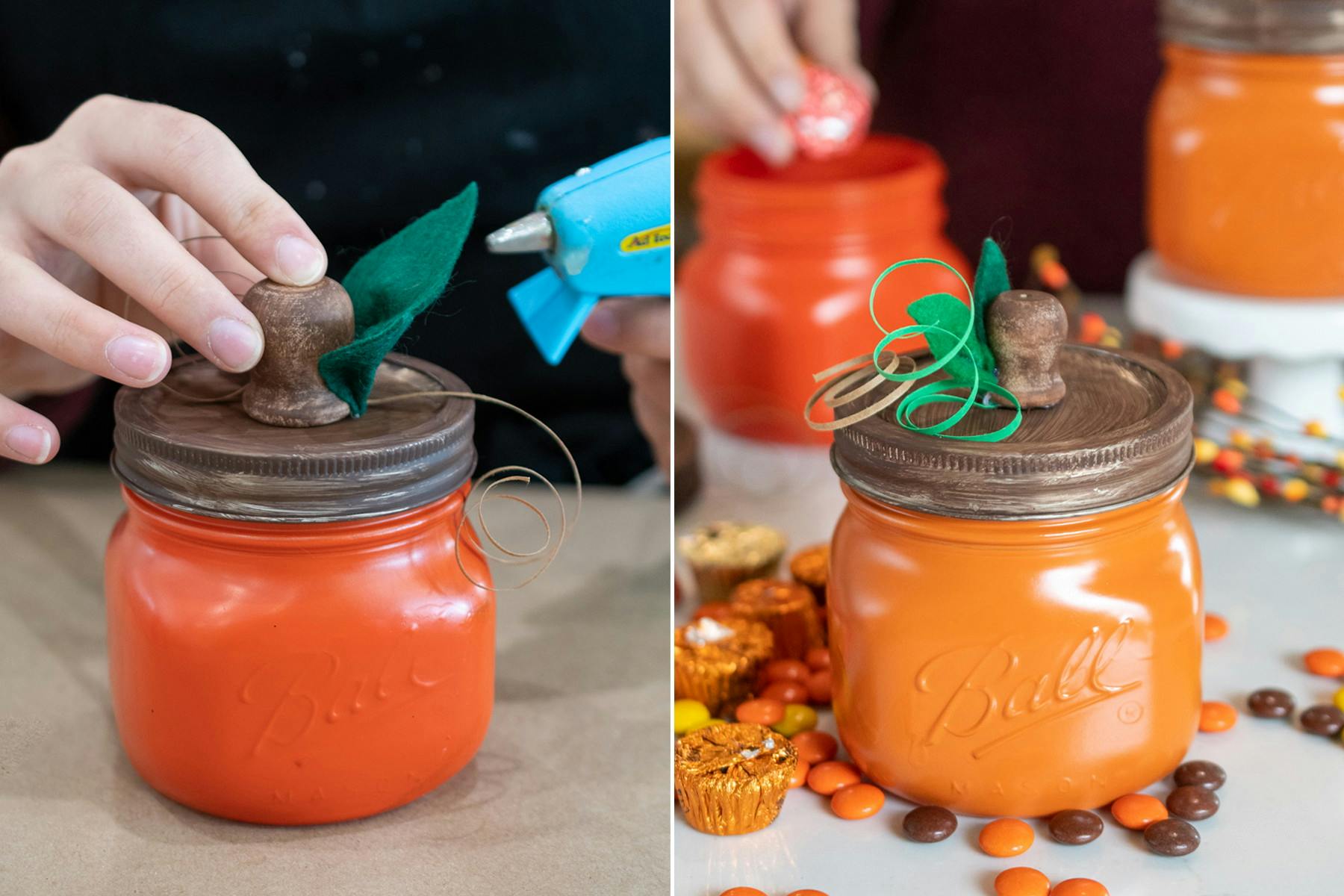 A person placing a knob onto the lid of a mason jar to look like the stem of the pumpkin, and another finished mason jar pumpkin surrounded by candy.