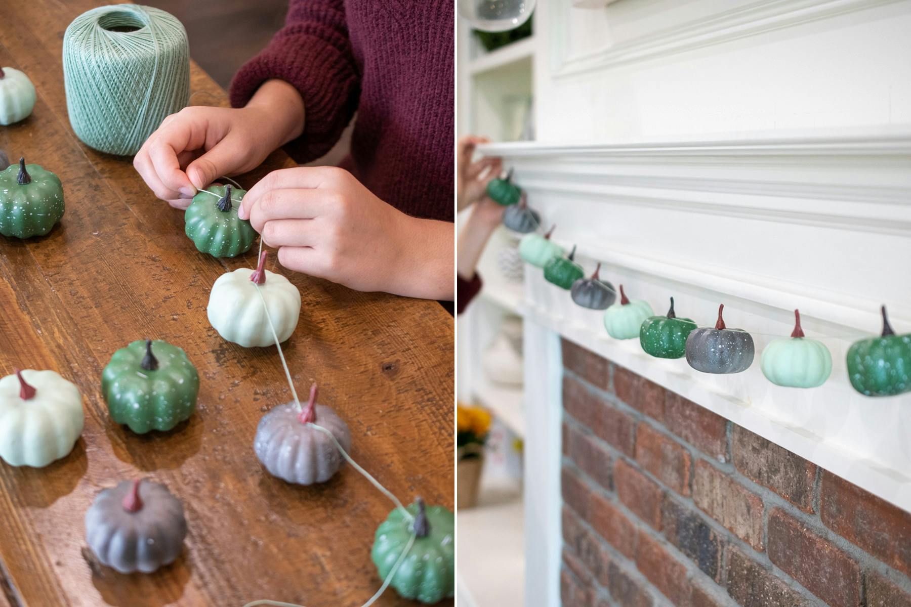 A person tying craft pumpkins together to make a fall bunting, and the finished product hanging across a mantle.