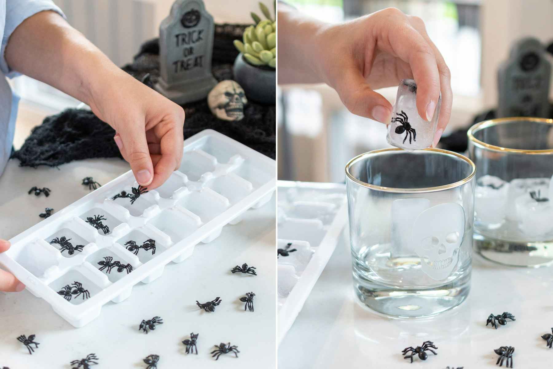 Fill an ice cube tray, add plastic spiders, and freeze.