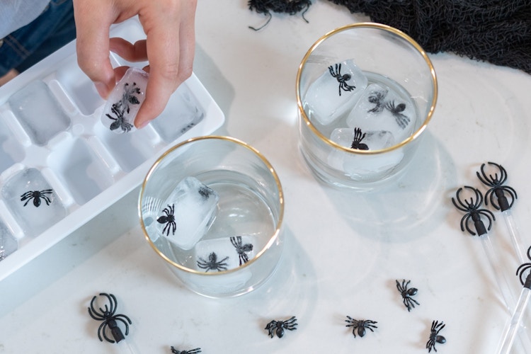 Someone taking ice cubes with plastic spiders in them out of an ice tray and putting them in glass drinkware.