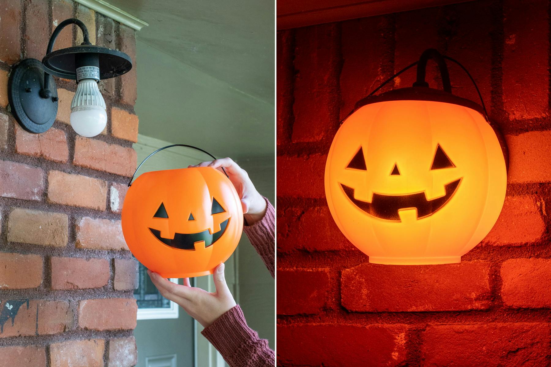 A person covering an outdoor light with a trick-or-treat pumpkin pail, and the pumpkin pail glowing at night.