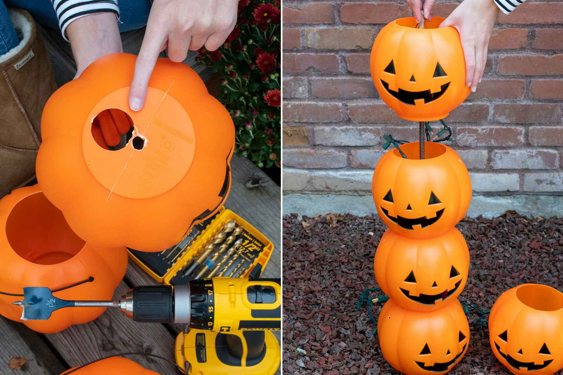 A person pointing to the holes drilled into the bottom of a plastic trick-or-treat pumpkin pail, and someone stacking multiple pails on a metal rod sticking out of the ground.