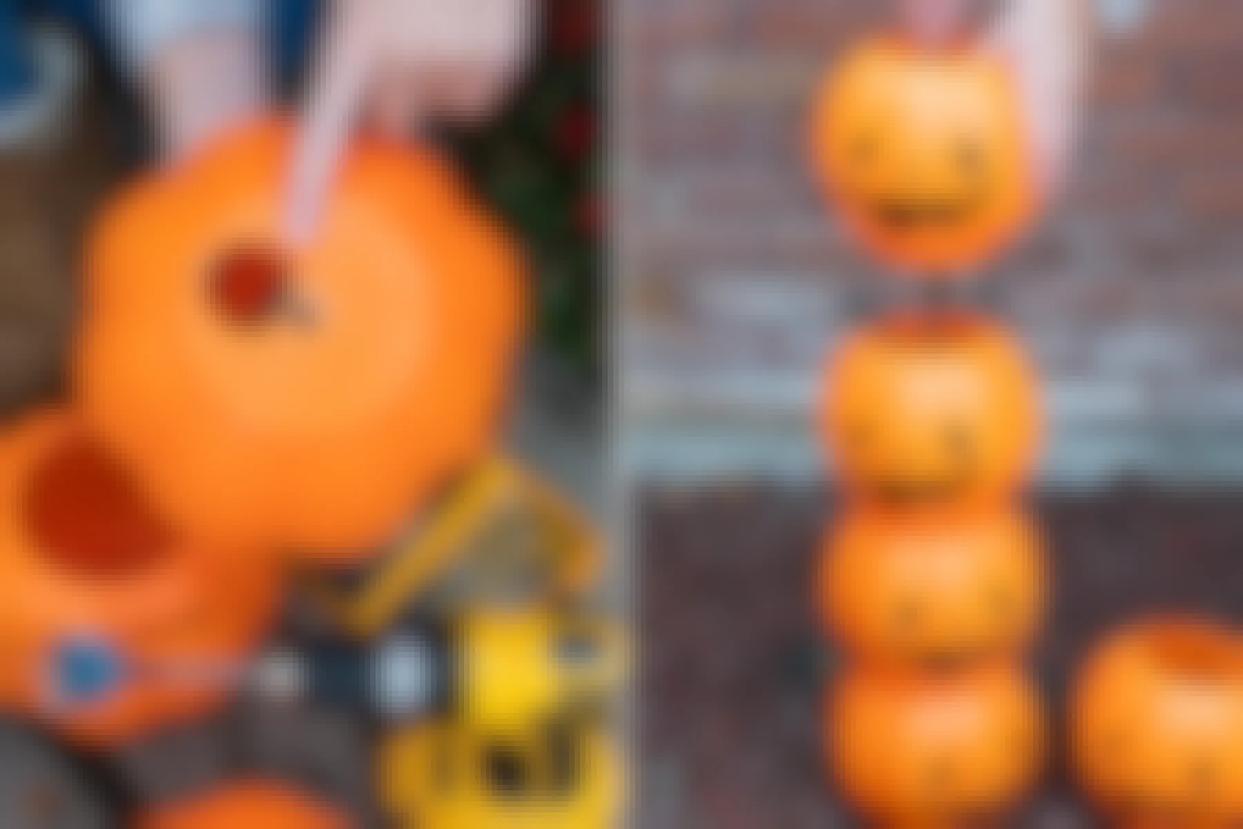 A person pointing to the holes drilled into the bottom of a plastic trick-or-treat pumpkin pail, and someone stacking multiple pails on a metal rod sticking out of the ground.