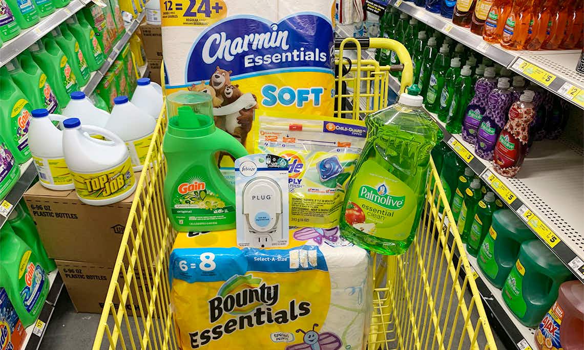home cleaning products in a yellow Dollar General cart
