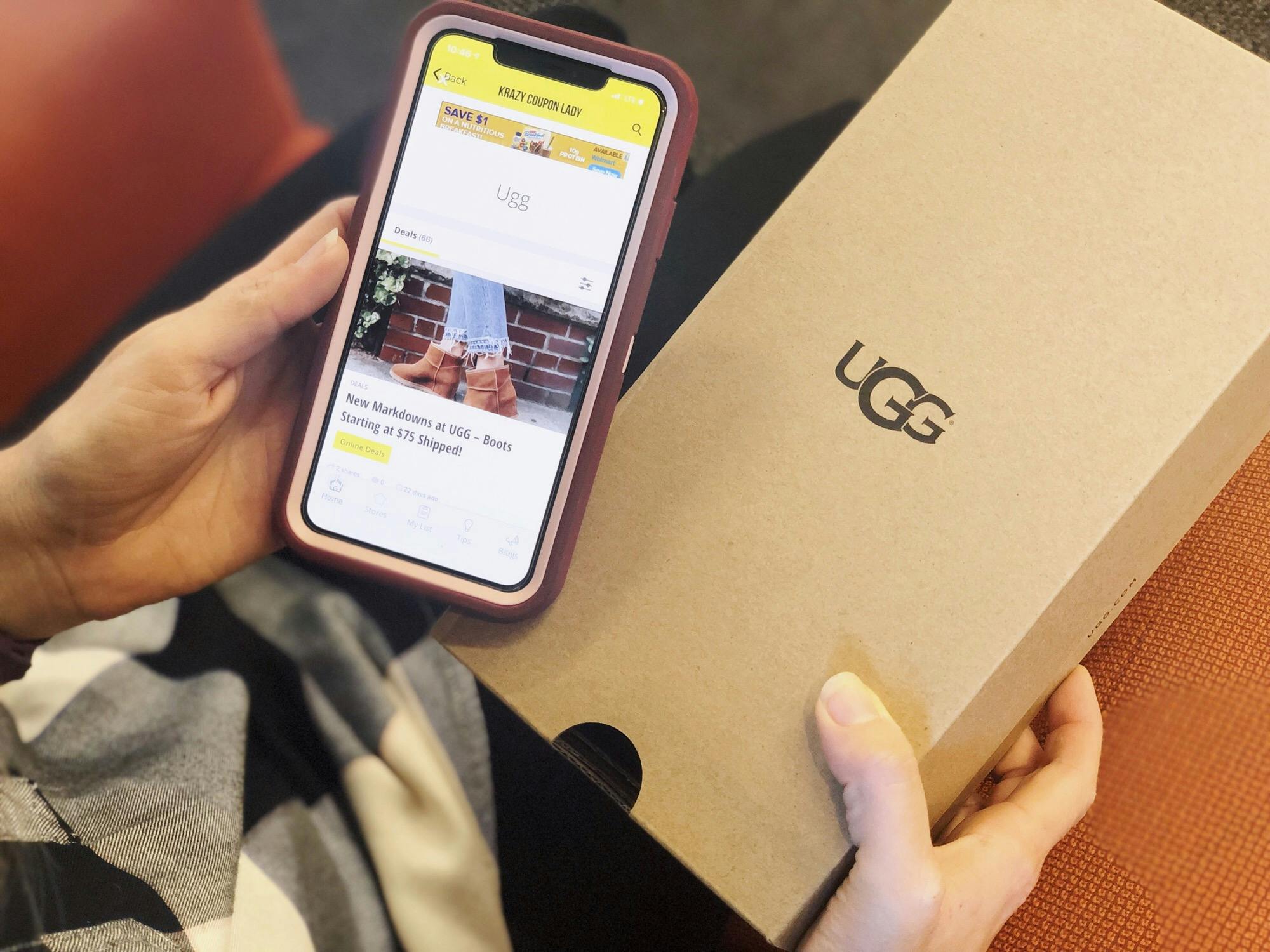 Person looking at Ugg in KCL app and holding Ugg box