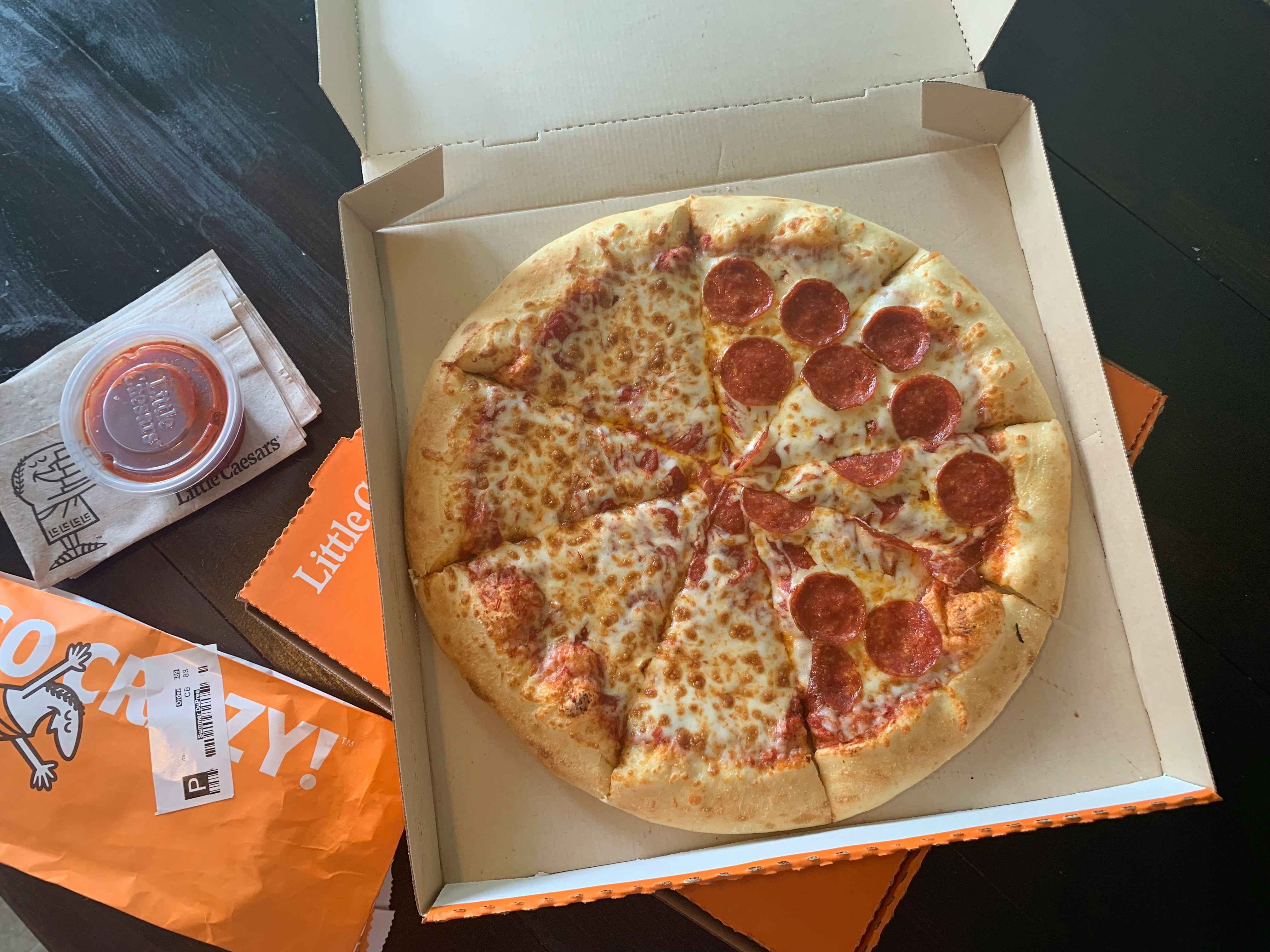 half cheese half pepperoni pizza from Little Caesar's