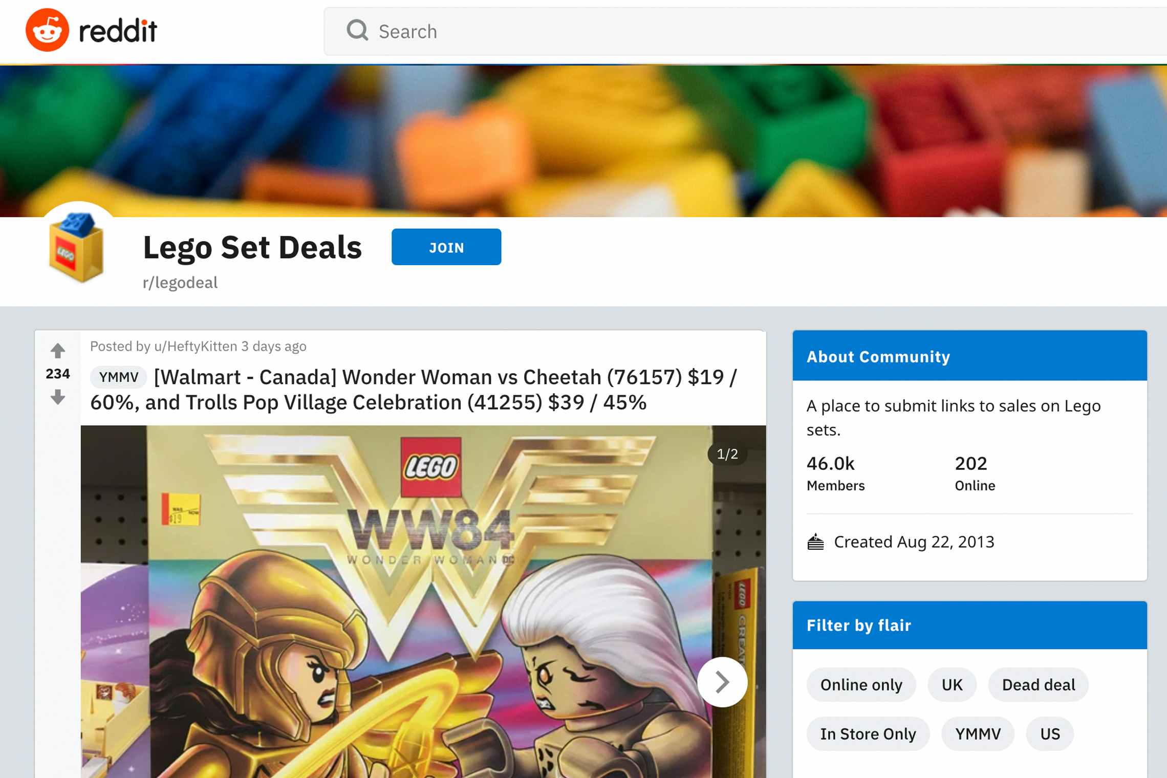 Reddit LEGO set deals page screenshot