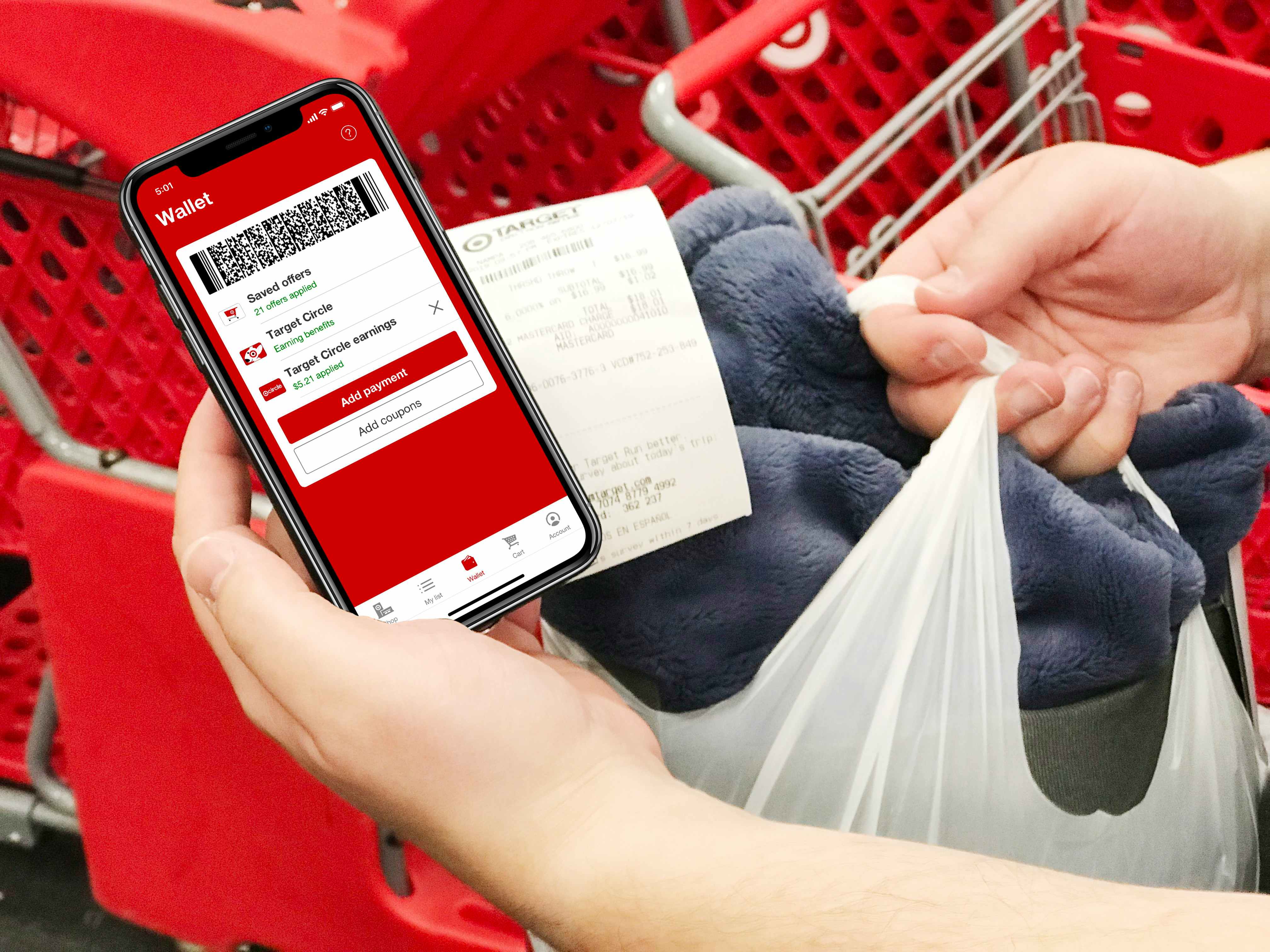 A person holding up a target bag with a plush blanket in it next to a smartphone showing his Wallet with Target Circle earnings in the Target app