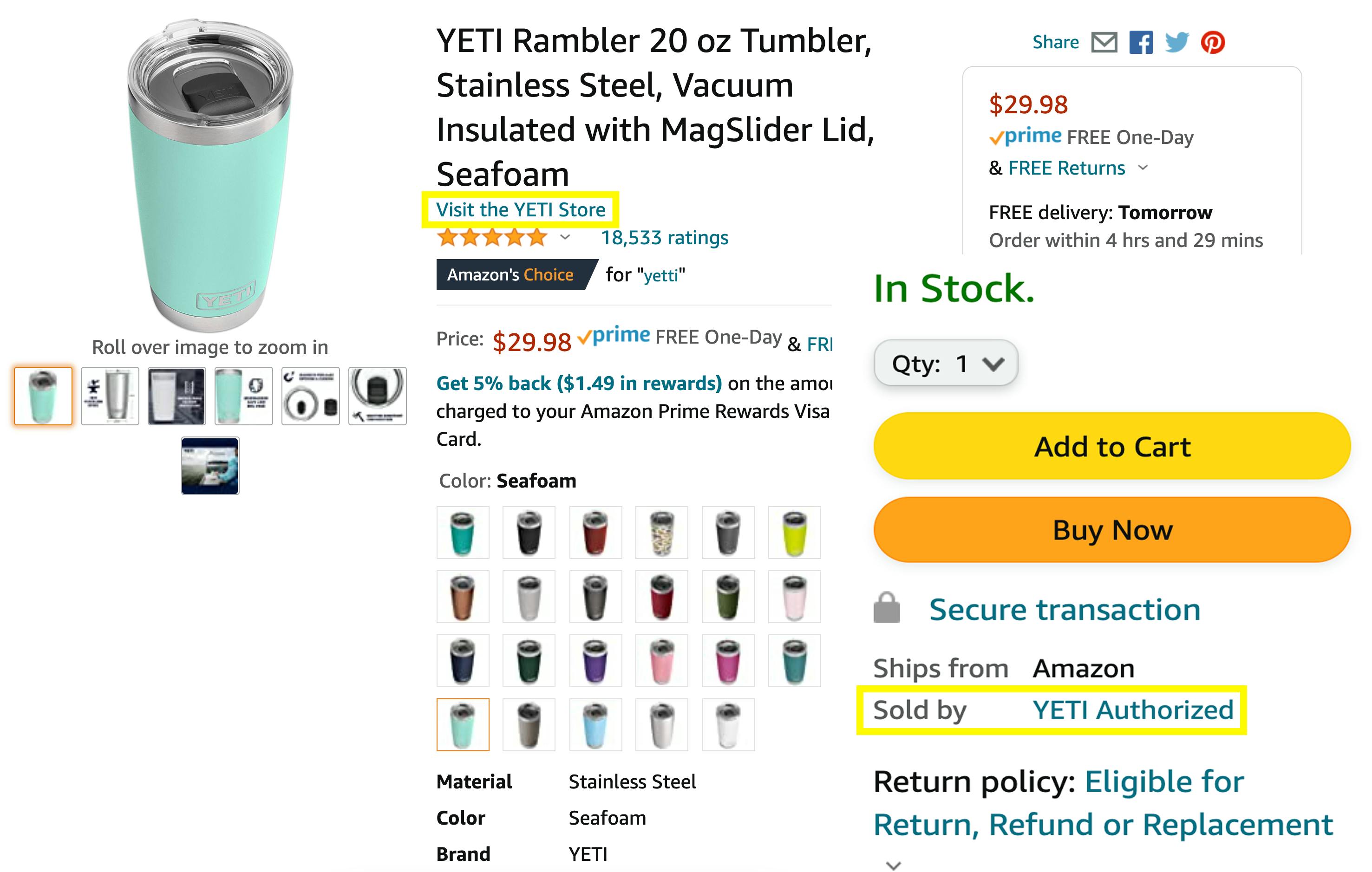 Screenshot of a Yeti tumbler on amazon with yellow boxes around the authorized dealer link