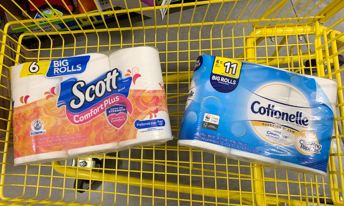 Scott toilet paper and Cottonelle in Dollar General shopping cart