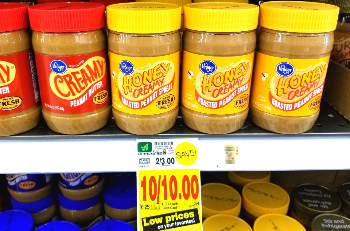 shelf holds peanut butter on sale at kroger ten for ten dollars