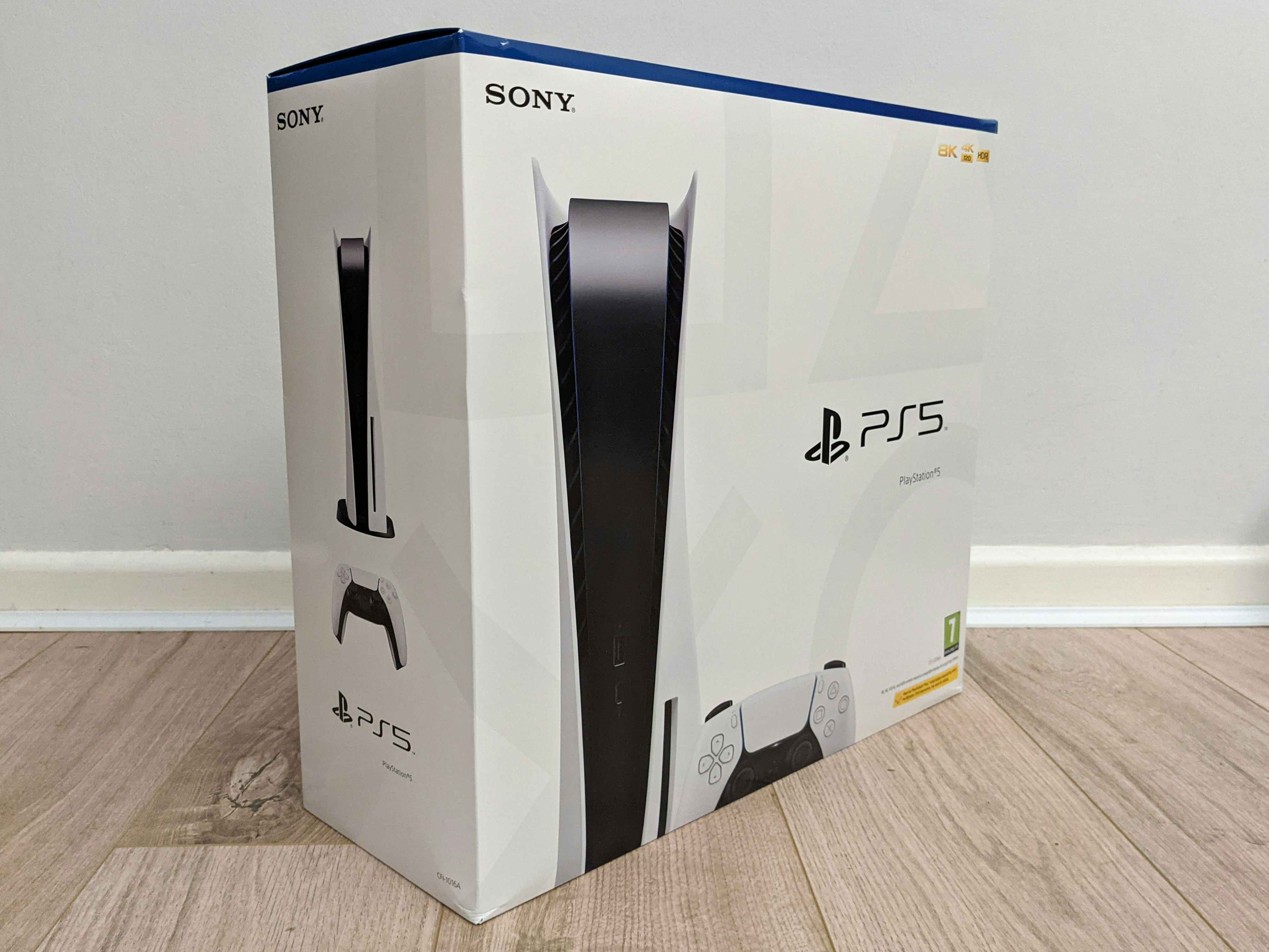 Playstation PS5 game console in box on the floor