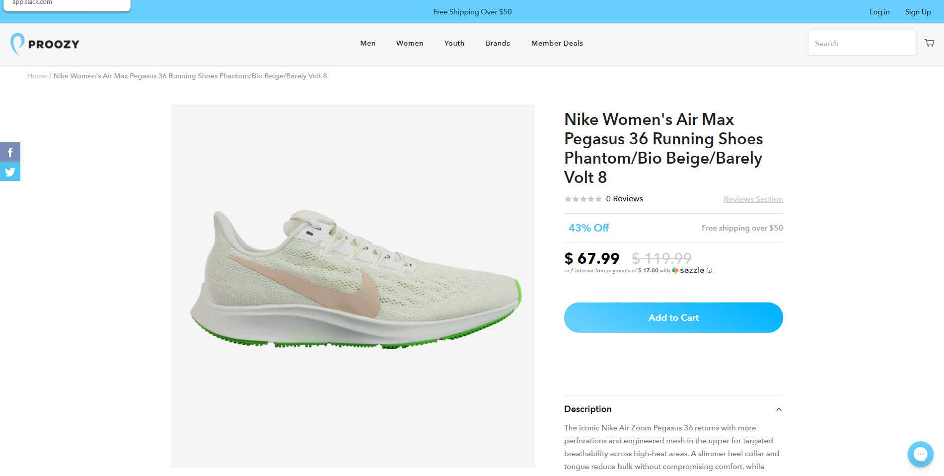 A Nike running shoe on the homepage of Proozy website.