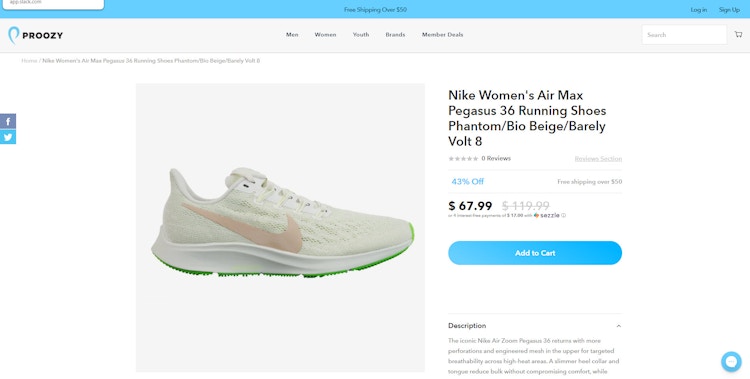 A Nike running shoe on the homepage of Proozy website.
