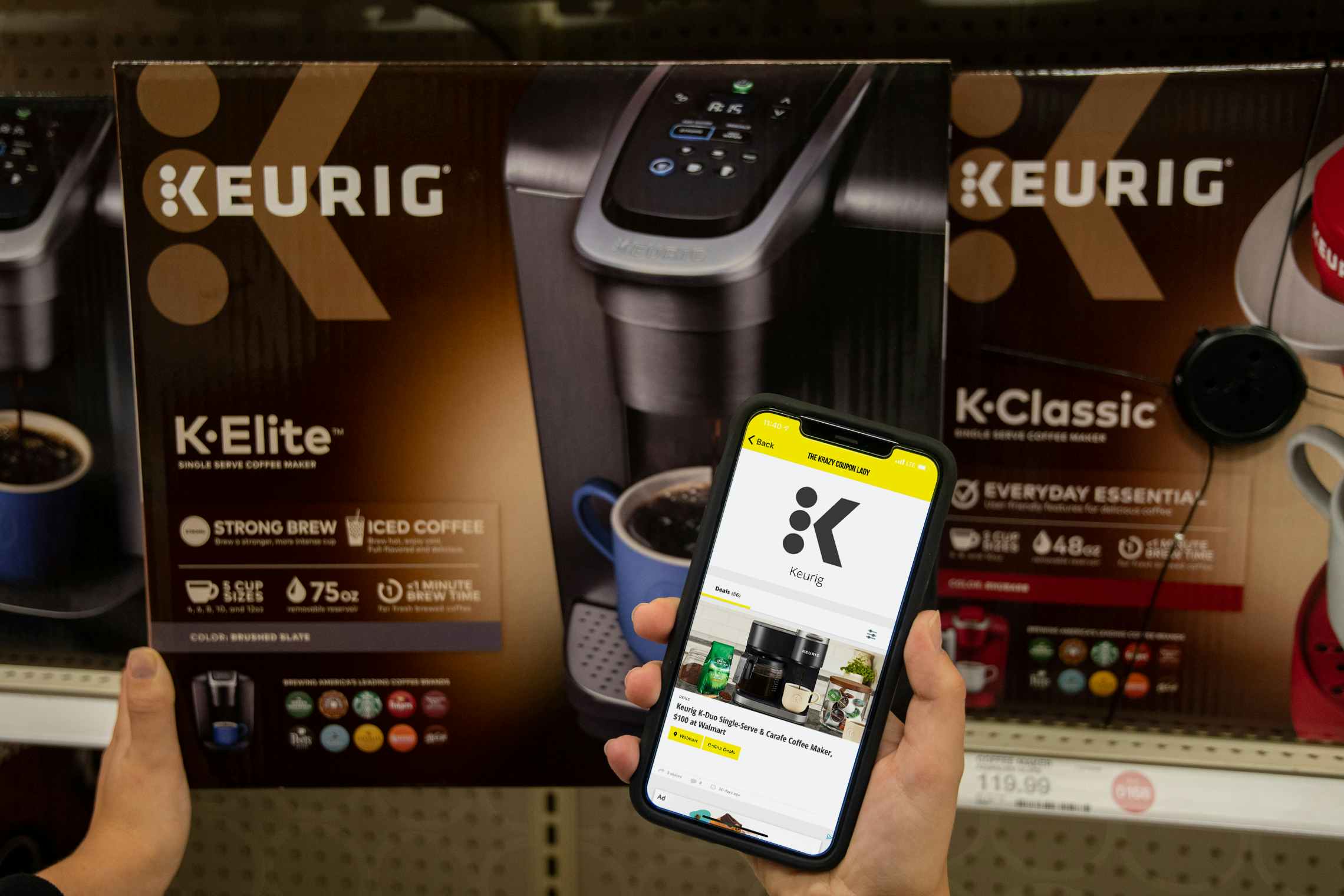 Krazy coupon lady app on a cell phone next to a Keurig coffee maker.