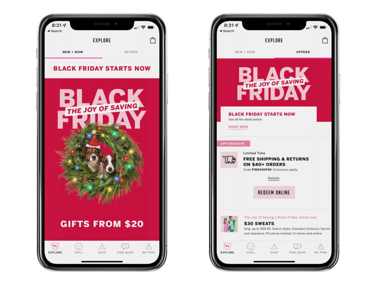 the PINK NATION app homepage and offers page for Black Friday 2022