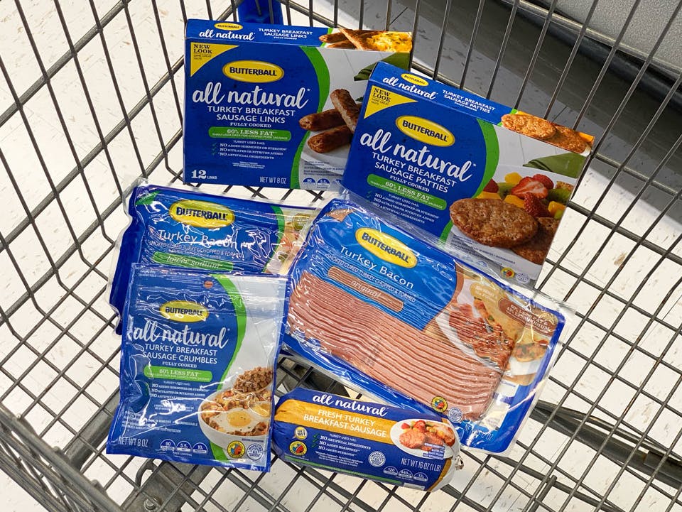 Butterball turkey breakfast sausage and turkey bacon in a shopping cart