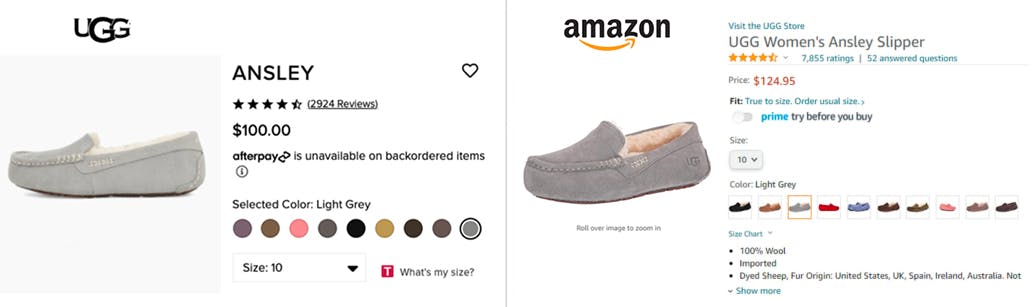 ugg price comparison between retailer and amazon site