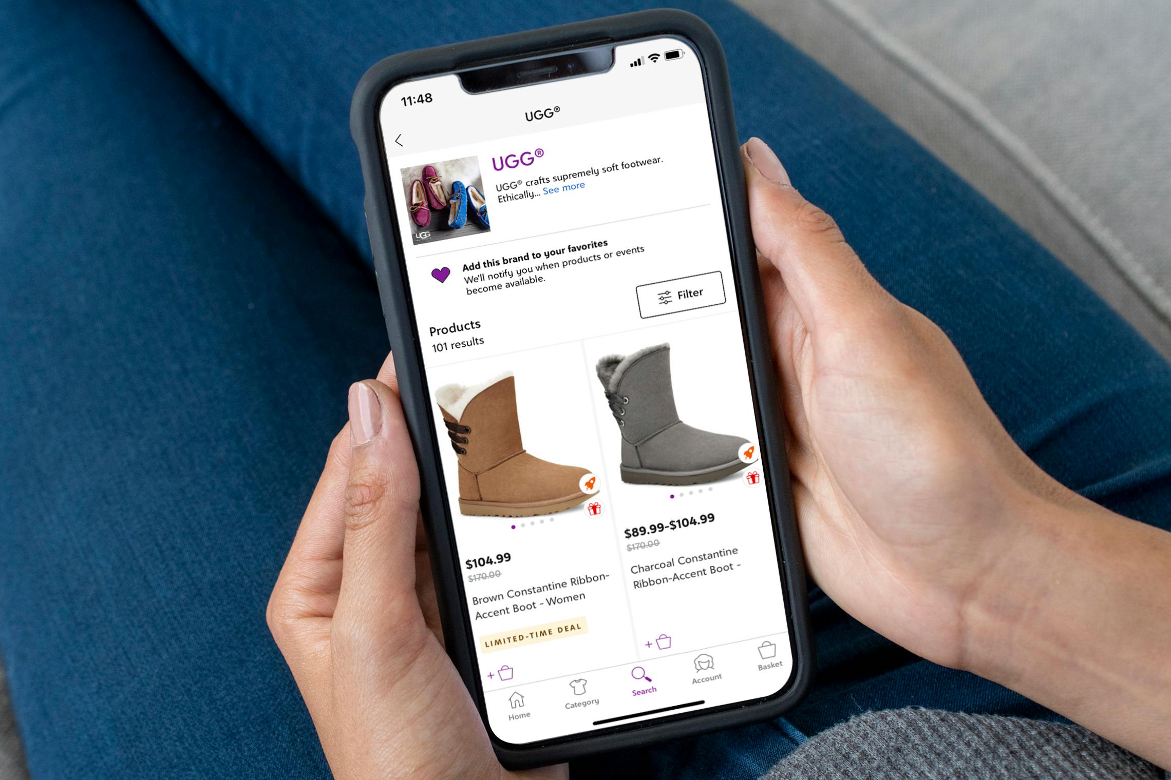 person shopping online for uggs using zulily app screenshot