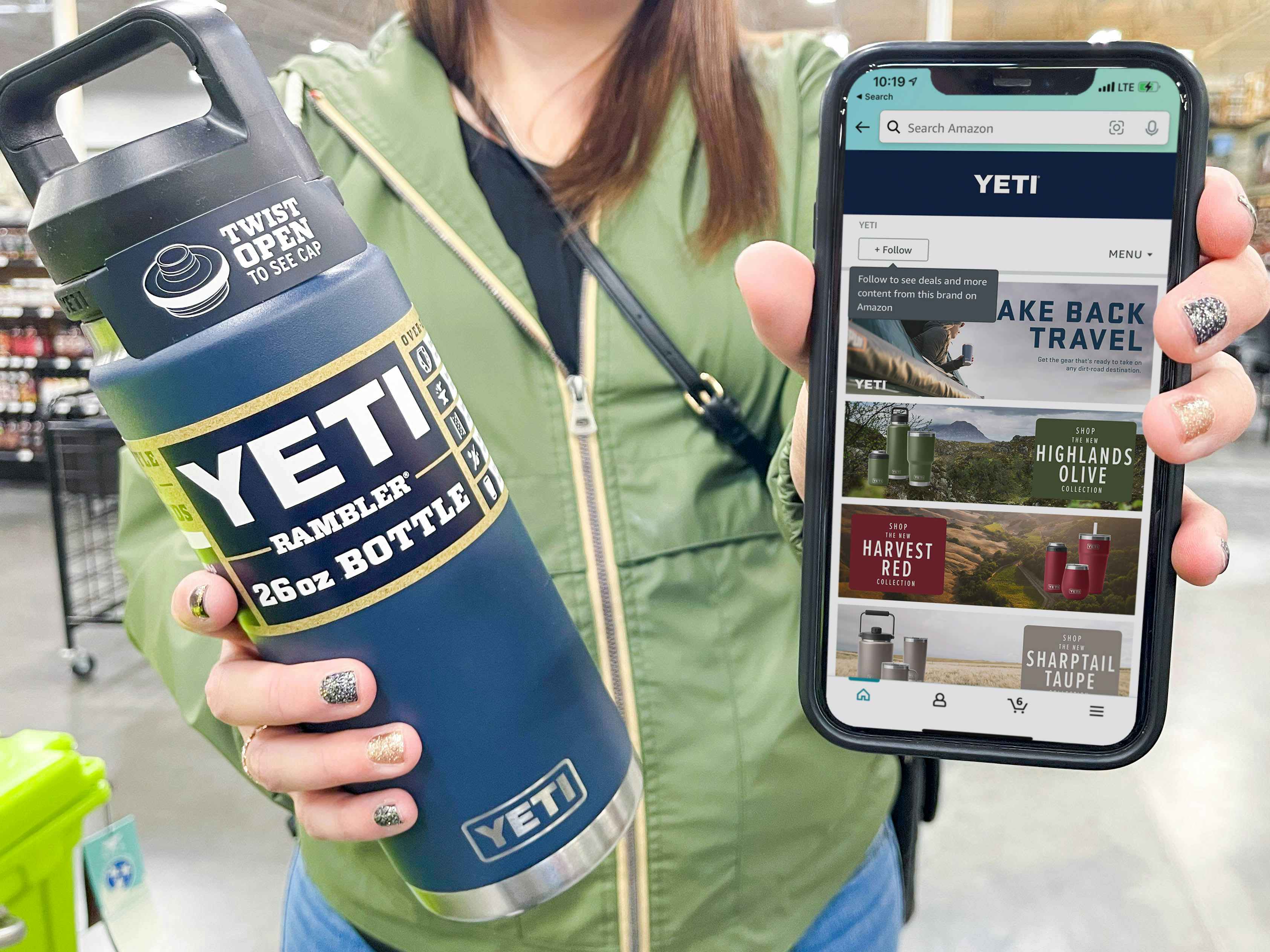 A person holding up a Yeti Rambler water bottle and an iPhone with the Amazon app open to the Yeti shopping page.