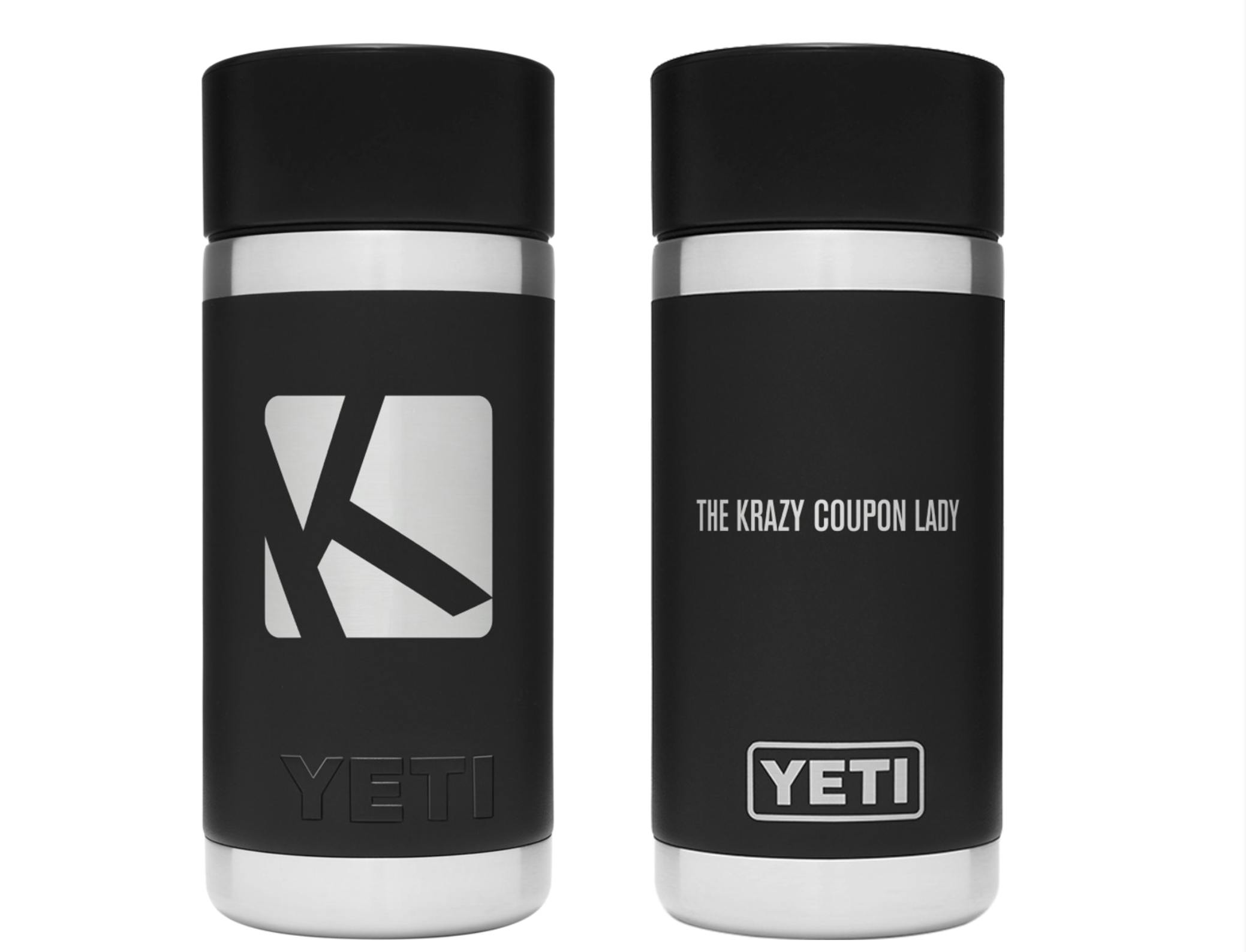 A screenshot of a customized YETI tumbler with The Krazy Coupon Lady written on one side and the company symbol on the other.