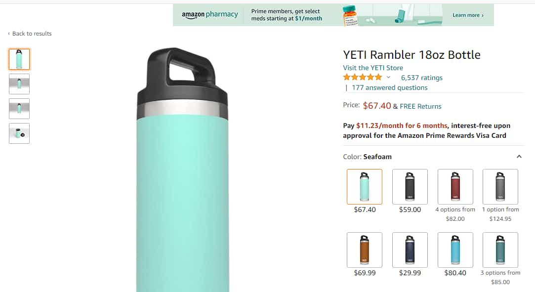 A 18oz YETI rambler with lid on Amazon priced at $67.40.