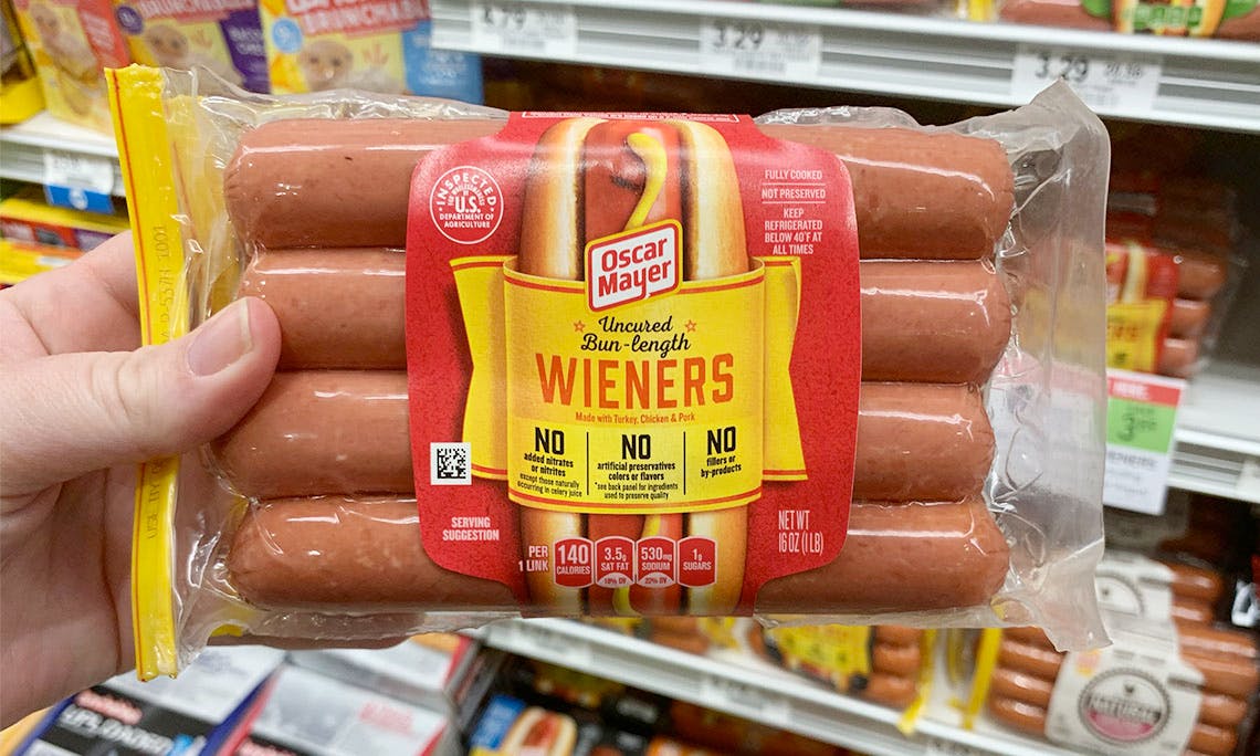 A person holding a pack of Oscar Meyer wiener's