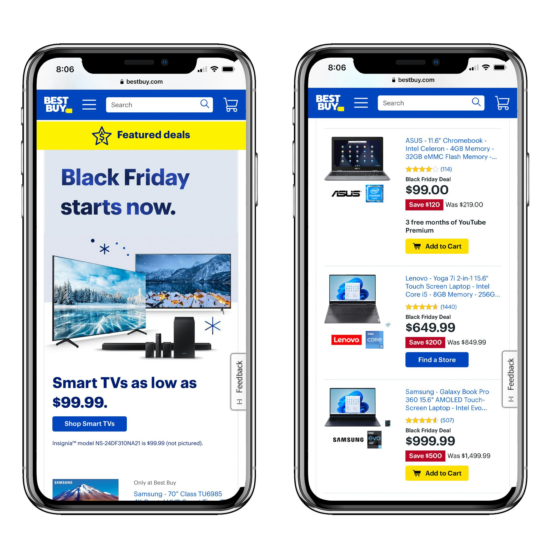 A graphic of two iphones showing the Best Buy Black Friday deals page, and products on sale.