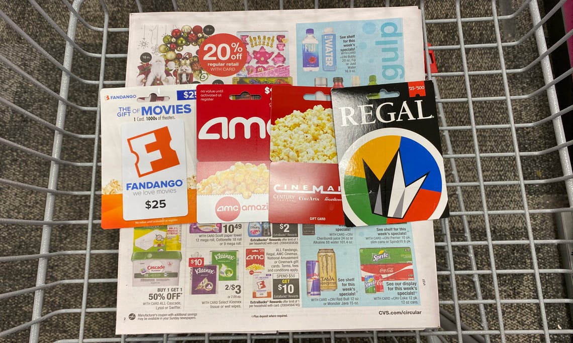 Save 10 00 On Gift Cards At Cvs Amc Fandango Regal Cinemark The Krazy Coupon Lady