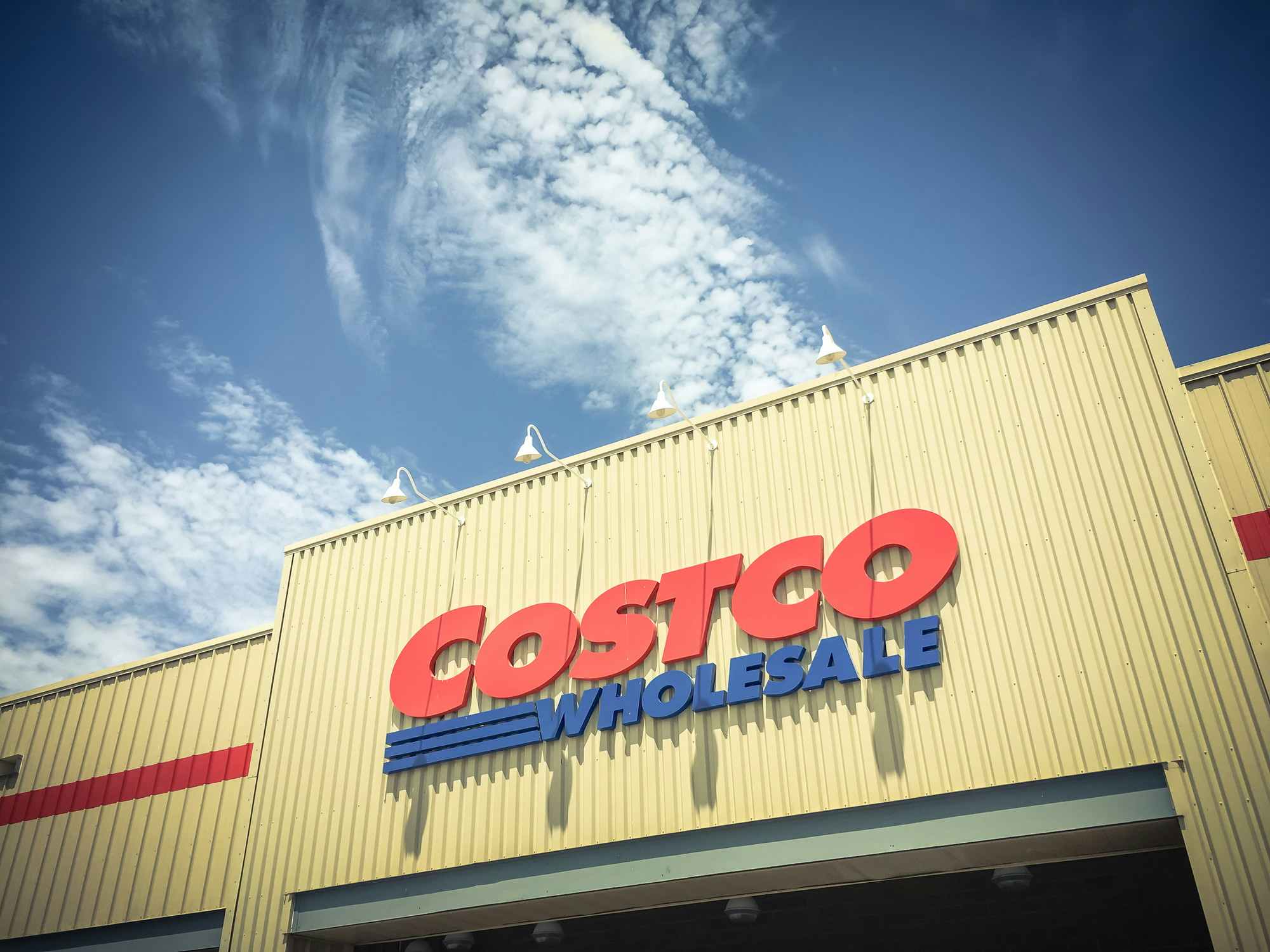 Logo of Costco Wholesale store at facade entrance