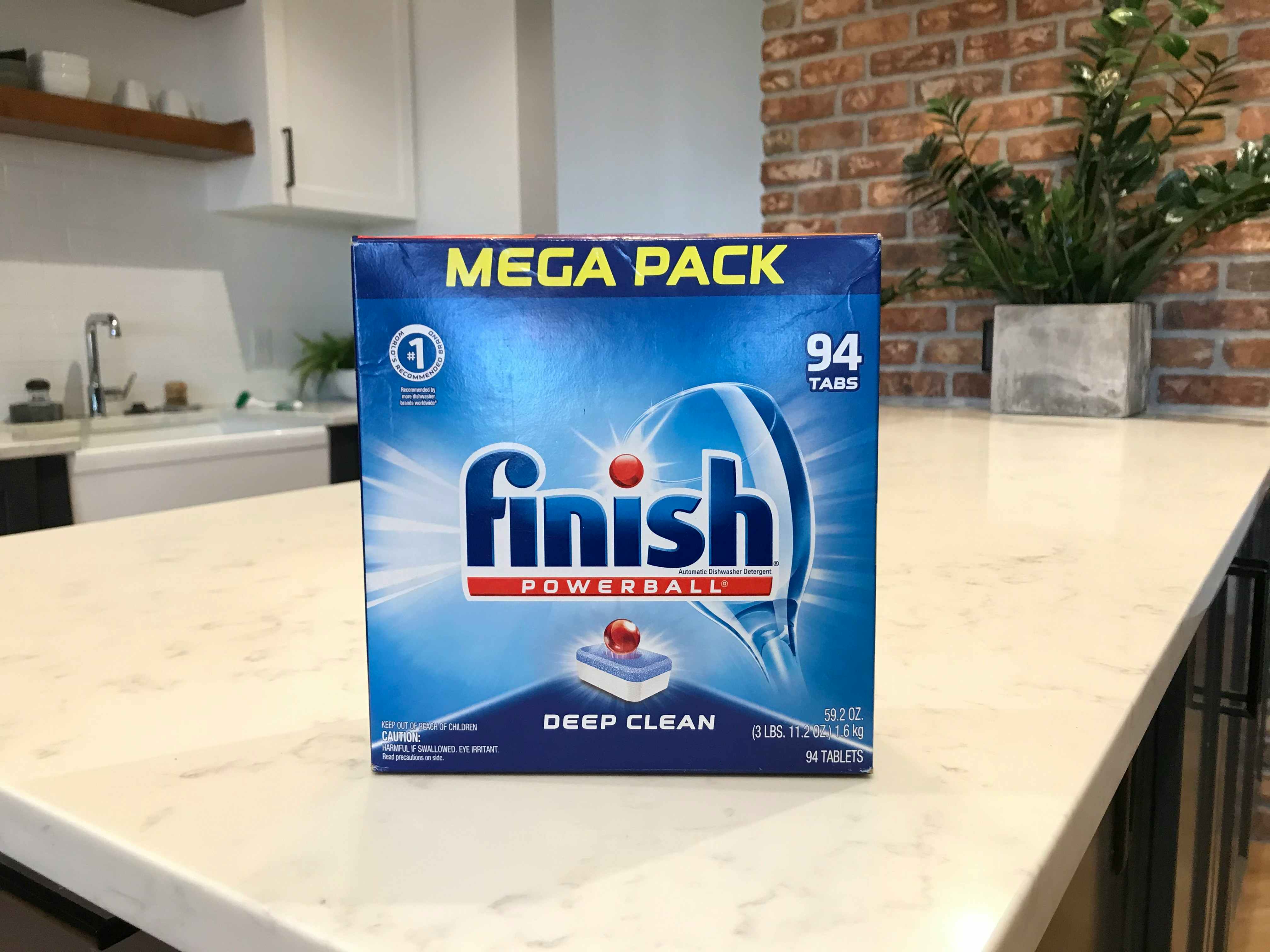 A mega pack of Finish dishwasher detergent on a table