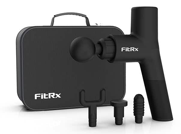 stock photo of fitRX muscle massage gun three attachments and carrying case on white background