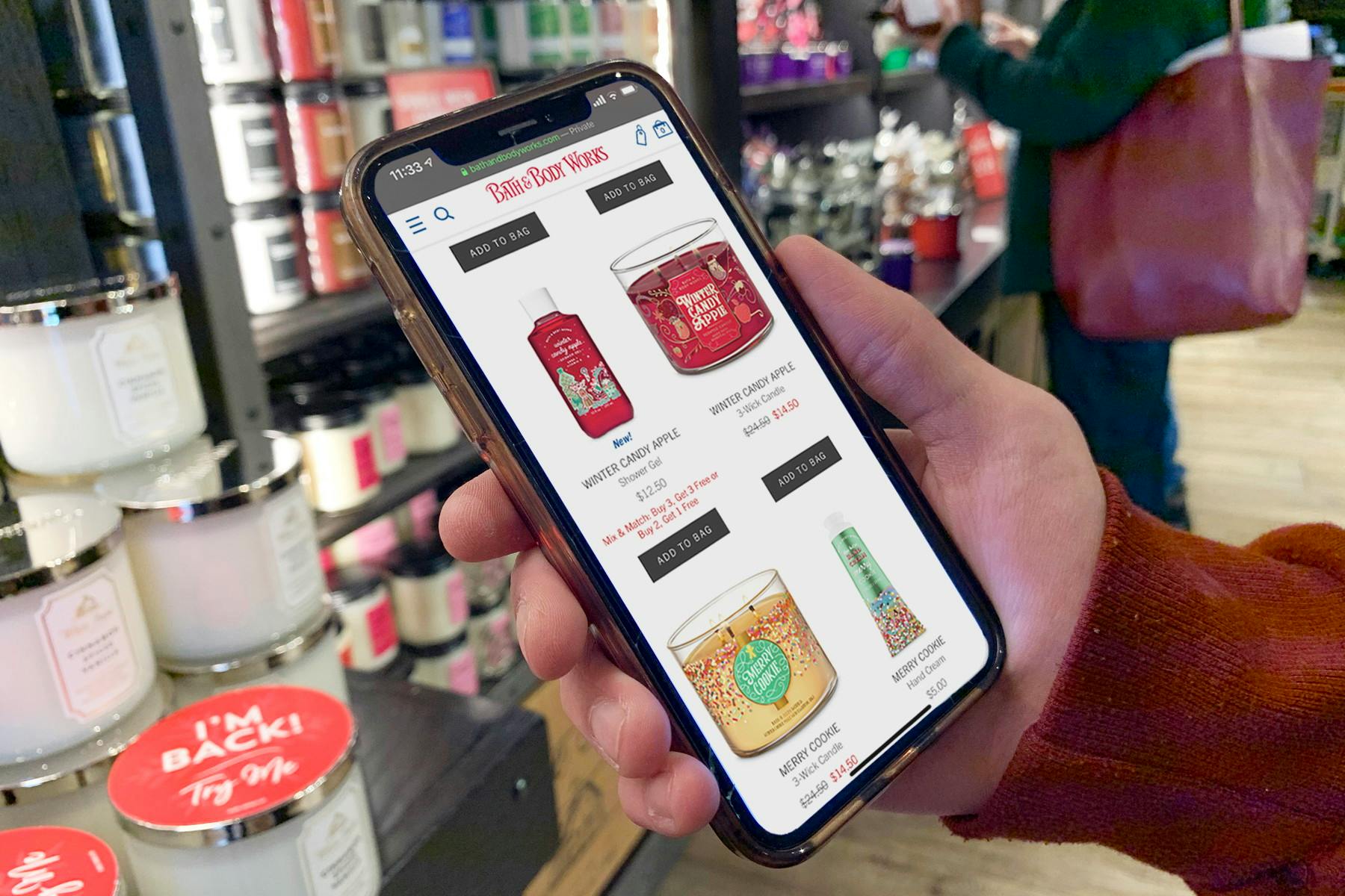 Bath & Body Works website on a smartphone showing marked down items.