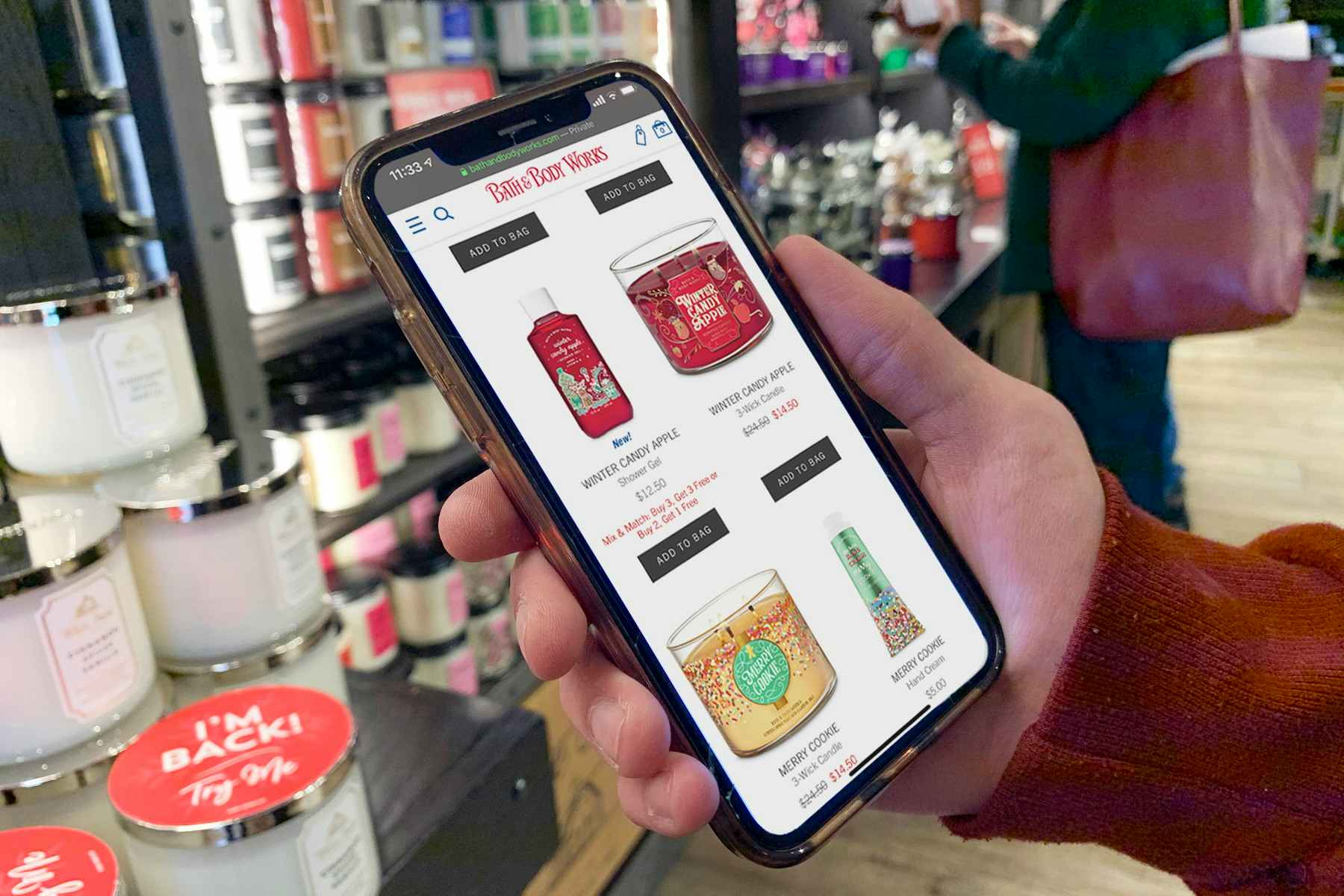 Bath & Body Works website on a smartphone showing marked down items.