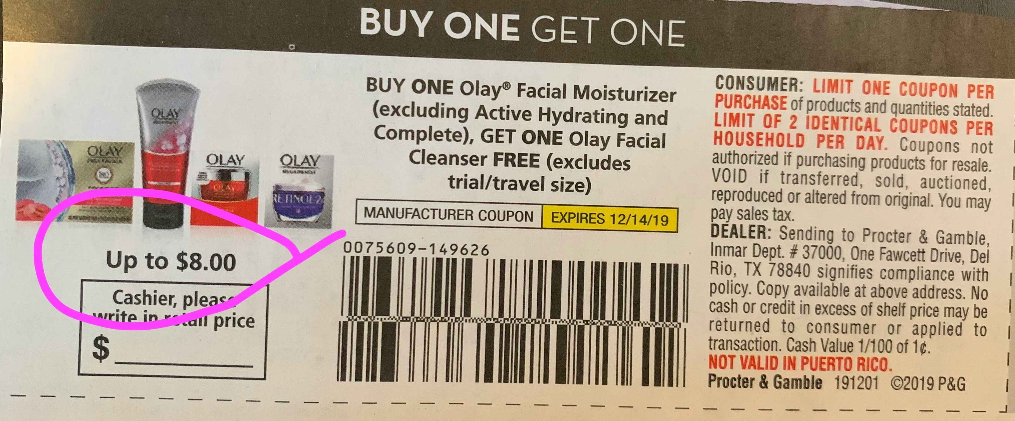 A manufacturer coupon from Olay for a buy one get one deal for up to $8.00