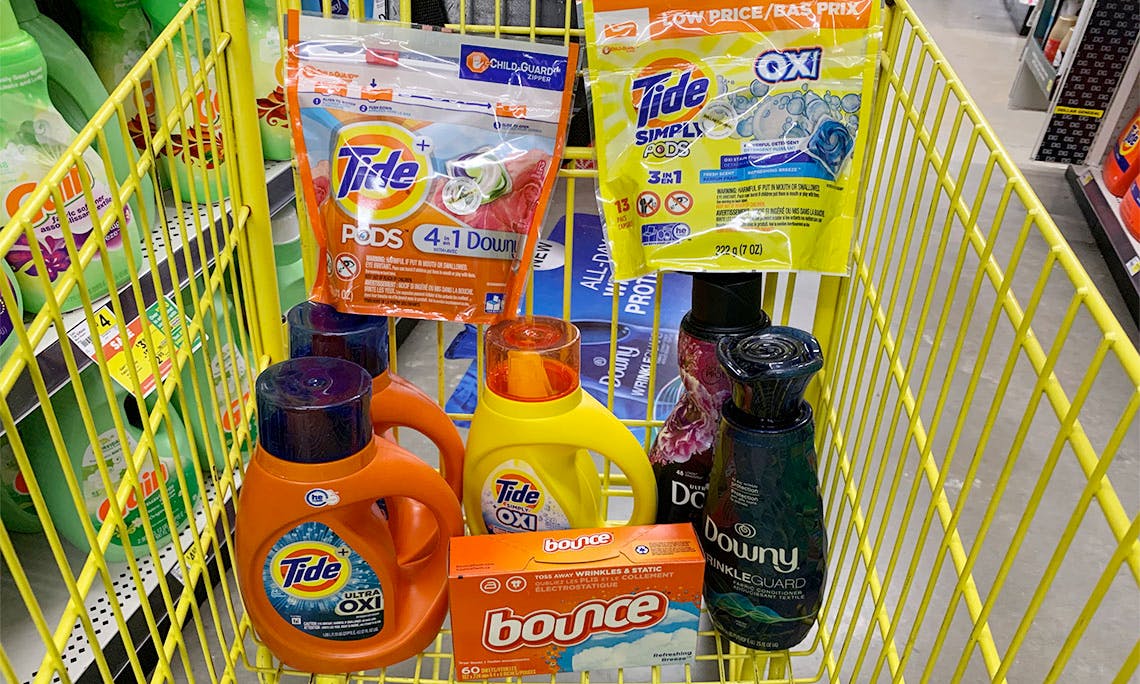 yellow Dollar General shopping cart filled with detergent